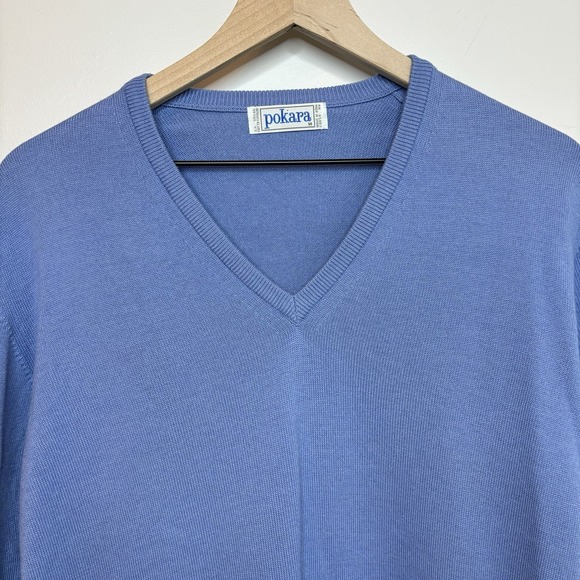 Vintage V-Neck Wool Blend Sweater Medium Blue Made in Spain Classic Minimalist - Picture 2 of 8